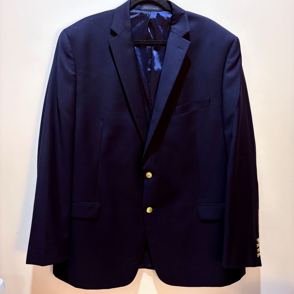 Lauren Ralph Lauren Mens 48L Navy Blue 100% Wool Blazer Gold Crest Button Jacket